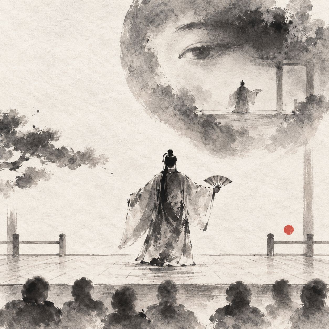 客席の視線と舞台上の演者を同時に描いた、水墨画風の絵